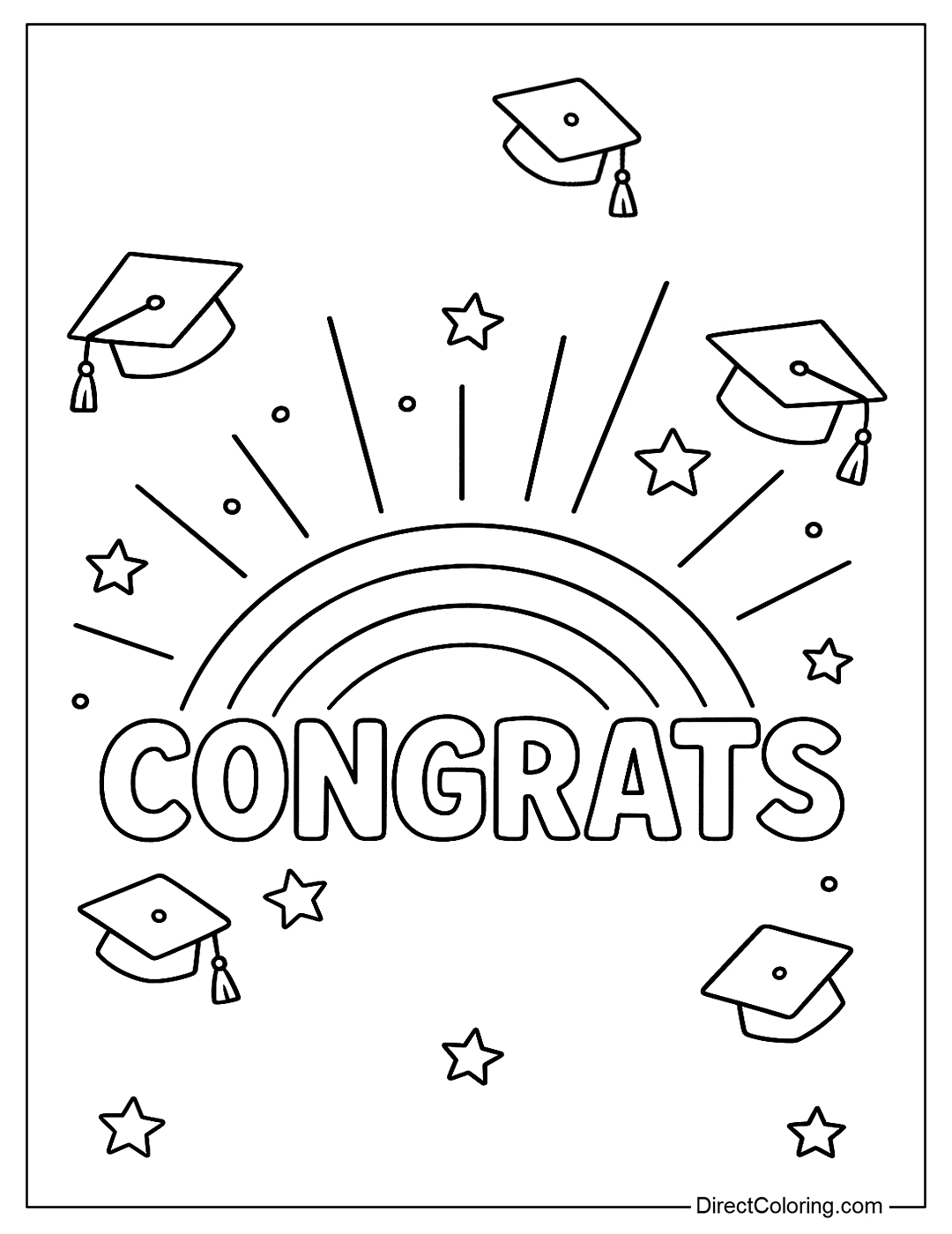 a rainbow coloring page with the words “Congrats”, graduation caps falling along the rays of light